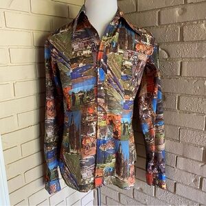 Vtg 70s PAPA Deluxe LS Pearl Snap Disco Saturday Night Fever Graphic Print Men M